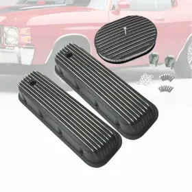 Ar13396 Amoracing Tall Alum Valve Covers Fit 1965-95 Bbc 396 502&12 Inch Full Finned Air Cleaner Black