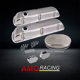 Amoracing Ar37891 Polished Short Valve Cover Fits 64-73 Sbf& Full Finned 12 Inch Air Cleaner& Breather