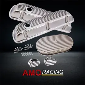 Ar37893 Amoracing Short Valve Cover Polished Fits 64-73 Sbf &15 Inch Full Finned Air Cleaner& Breather