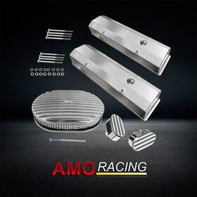 Amoracing Ar37904 Fit Chevy Sbc 58-86 Tall Polished Valve Covers &finned 12 Inch Air Cleaner &breather
