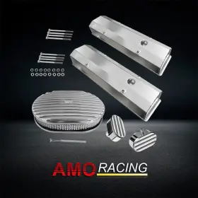 Ar37904 Amoracing Fit Chevy Sbc 58-86 Tall Polished Valve Covers &finned 12 Inch Air Cleaner &breather