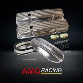 Ar37918 Amoracing Polished Short Alum Valve Cover Fits 58-86 Sbc And 15 Inch X3 Air Cleaner Half Finned