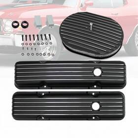 Amoracing Ar37919 Black Short Valve Covers And 12 Inch Air Cleaner Full Finned Fit Sbc 283 350 1958-1986