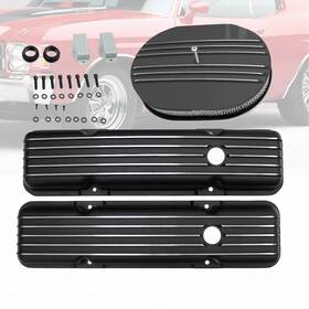 Amoracing Ar37921 Black Short Valve Covers And 12 Inch Half Finned Air Cleaner Fit Sbc 283 350 1958-1986
