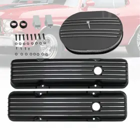 Ar37921 Amoracing Black Short Valve Covers And 12 Inch Half Finned Air Cleaner Fit Sbc 283 350 1958-1986