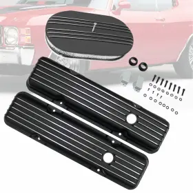 Ar37922 Amoracing Fits Sbc 283 350 1958-86 Black Short Valve Covers And 15 Inch Air Cleaner Half Finned