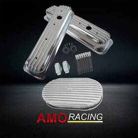 Amoracing Ar37939 Alum Short Valve Covers Fit 1987-up Sbc 283 450&oval 15 Inch Full Finned Air Cleaner