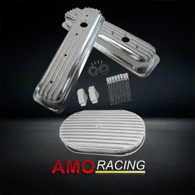 Ar37939 Amoracing Alum Short Valve Covers Fit 1987-up Sbc 283 450&oval 15 Inch Full Finned Air Cleaner