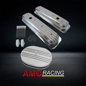 Amoracing Ar37940 Polished Alum Short Valve Covers Fit Sbc 1987-up283&12 Inch Half Finned Air Cleaner
