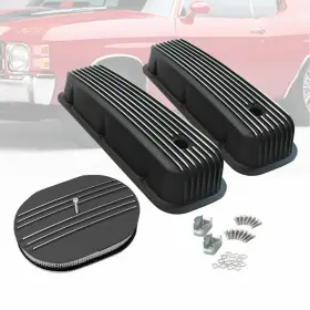 Ar37948 Amoracing Alum Tall Valve Covers Fit 1965-95 Bbc 396 502&black 12 Inch Half Finned Air Cleaner