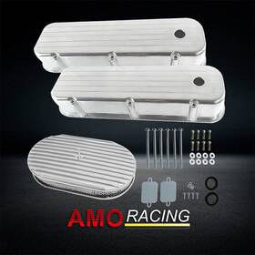 Amoracing Ar37958 Tall Ball Milled Polished Valve Covers Fit Bbc 65-95&15 Inch Full Finned Air Cleaner
