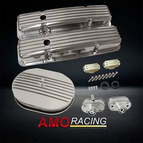Amoracing Ar37974 Fit Sbc 1958-86 Polished Finned Valve Covers And 12 Inch Oval Air Cleaner Breather