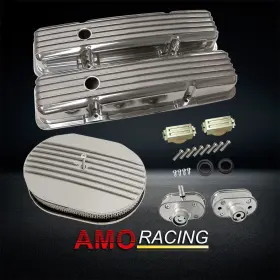 Ar37974 Amoracing Fit Sbc 1958-86 Polished Finned Valve Covers And 12 Inch Oval Air Cleaner Breather