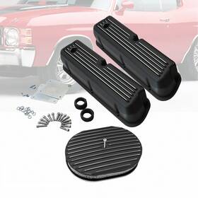 Amoracing Ar37976 Finned Black Tall Valve Covers Fit Sbf 289 351w 62-85 And 12 Inch Oval Air Cleaner