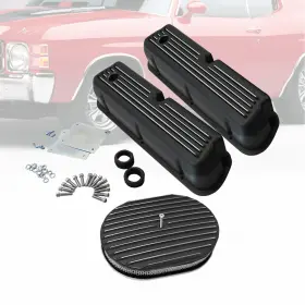 Ar37976 Amoracing Finned Black Tall Valve Covers Fit Sbf 289 351w 62-85 And 12 Inch Oval Air Cleaner