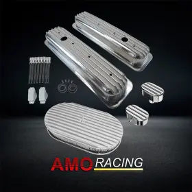 Ar37983 Amoracing Retro Finned Short Valve Cover Fits Sbc 283 450 1987-up&15 Inch Air Cleaner&breather
